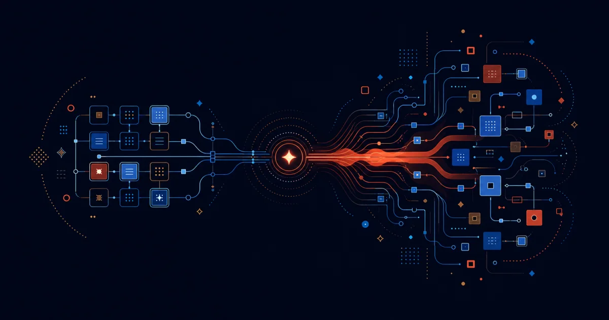An abstract system of structured modules expanding through an AI amplification network