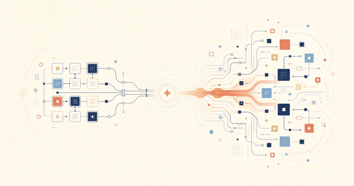 An abstract system of structured modules expanding through an AI amplification network
