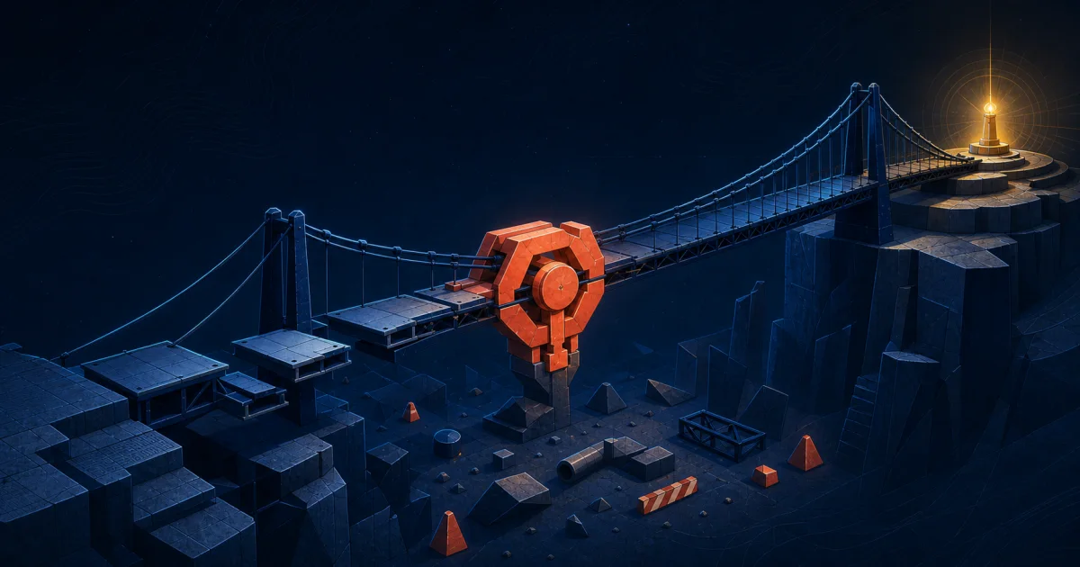 An unfinished bridge secured by a central keystone leading across project blockers toward delivery