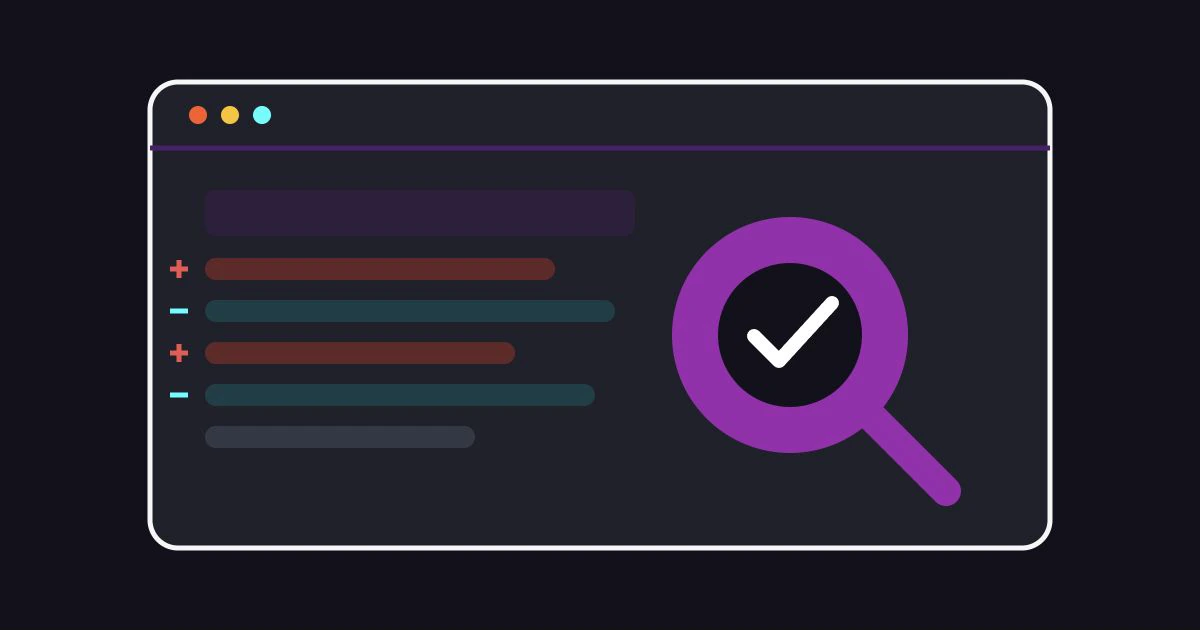 A GitLab merge request diff being inspected through a magnifying glass with file coverage and issue markers