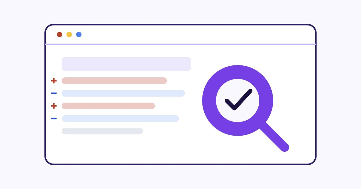 A GitLab merge request diff being inspected through a magnifying glass with file coverage and issue markers